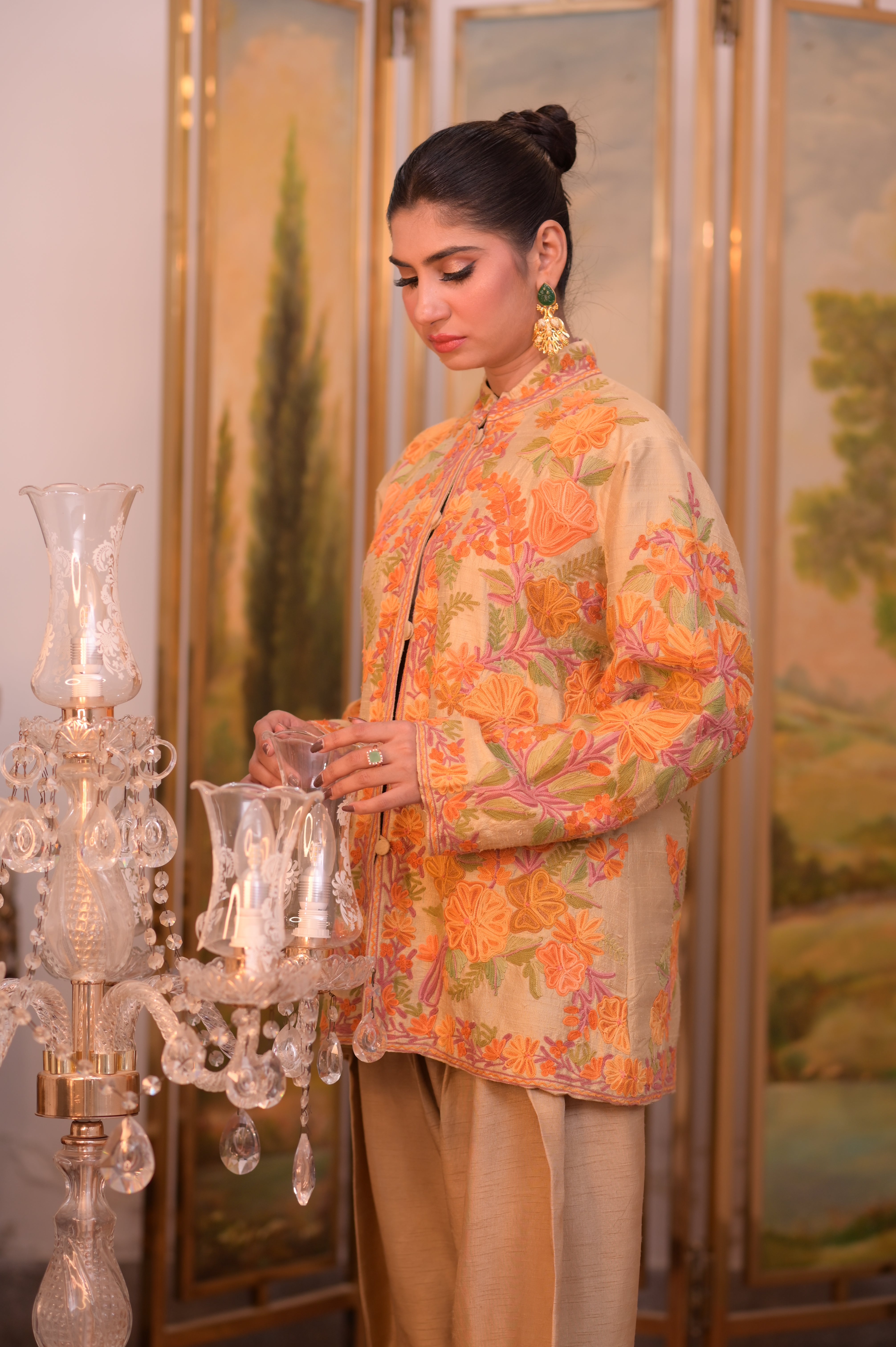 Tan Short Gown with Multi-Color Art Work