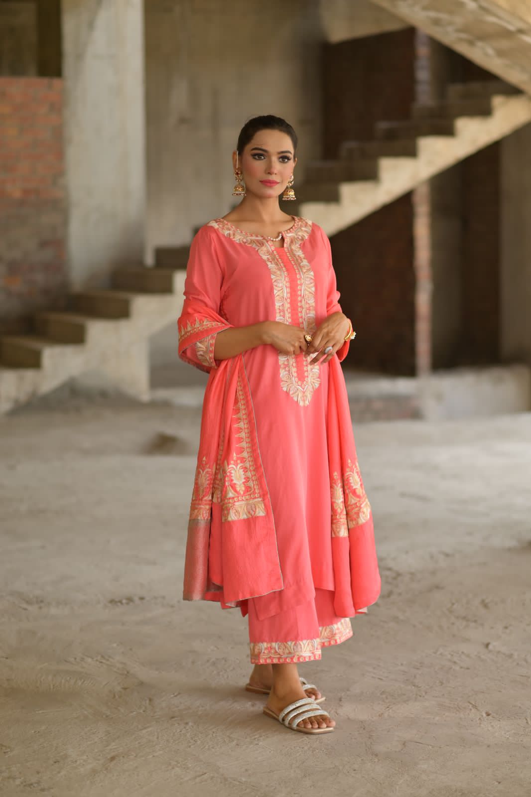 Peach Perfection: Exquisite Handworked Shirt, Trouser, & Shawl Ensemble