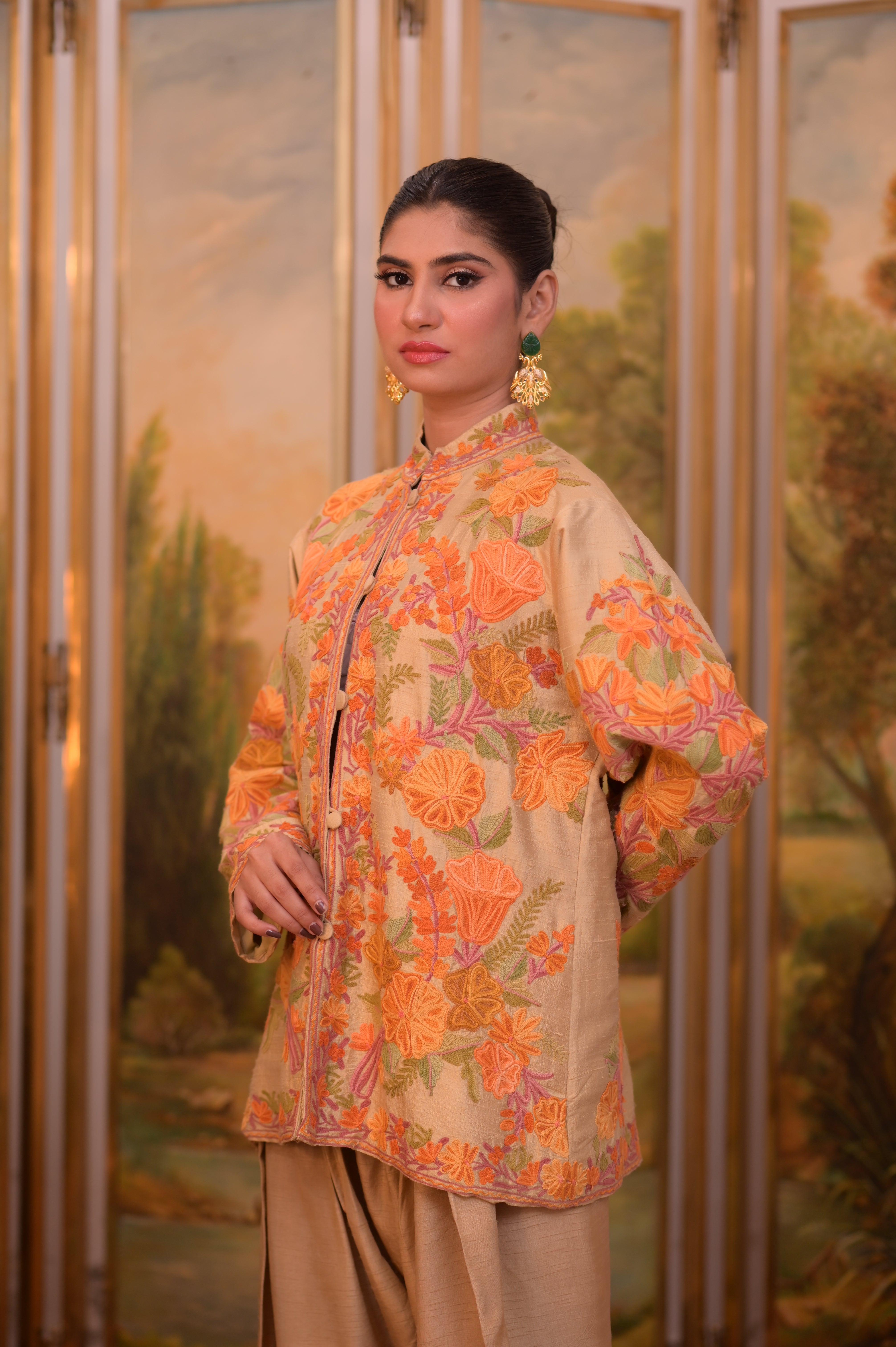 Tan Short Gown with Multi-Color Art Work